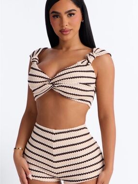 Fashion Nova Cream & Black Striped Knit Twist Crop Top and High-Waist Shorts